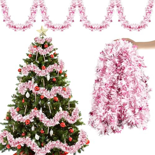 Aitsite 10M/Pack of 5 Lametta Weihnachtsbaum, Lametta Weiß und Rosa Schneeflocke Weihnachtsdeko Weihnachtsbaum Girlande Weihnachten deko Party Weihnachtsfeier Weihnachtsdekoration Hängende