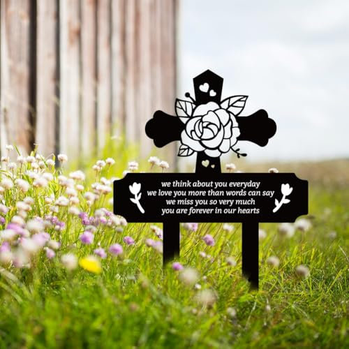 FREEBLOSS Metal Memorial Plaques Garden Stake for Cemetery, Rose and Cross Pattern Grave Markers for Cemetery, Commemorative Plaques, Sympathy Garden Stake Grave Decorations