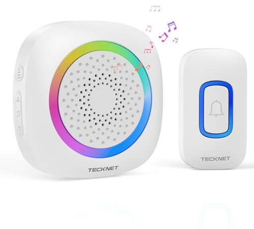 TECKNET Wireless Doorbell, Plug in Doorbell with RGB Light, IP66 Waterproof Portable Cordless Battery Powered Door Chime Kit, 400M Wireless Range, 60 Chimes & 5 Level Volume (White)