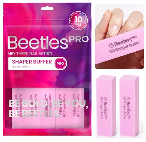 Beetles Pro 10Pcs Nail Buffer Block for Acrylic and Natural Nails, Fine Grit 4 Sided 180 Finishing Buffers for Acrylic Nails Gel Polish Professional Manicure File Blocks Set Nails Manicure Tools Pink