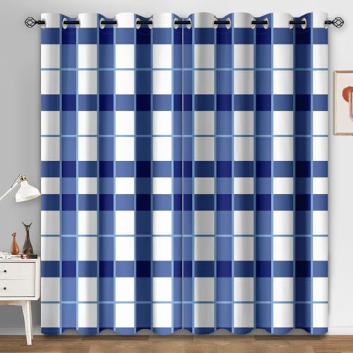 Curtains for Living Room Blue White Grids Door Curtain Polyester Washable Blackout Curtains Office Curtains for Bedroom Decoration Eyelet Curtains 2 Panels Curtains 2x110x215 cm