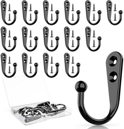 ZBDPOVT 15 Pcs Black Coat Hooks - Wall Hooks for Closet Hanging, Multi-Room Use (Bathroom/Bedroom/Kitchen), Holds Coats/Towels/Scarves/Hats/Keys/Cups, Includes 30 Screws