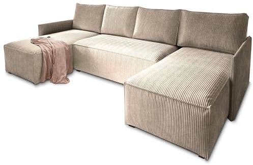 Masseno Ecksofa TRES mit Schlaffunktion U-Form, Sofa mit Bettkasten, Wohnzimmersofa, Couch, Soffa, Bettsofa, Couchgarnitur- Beige, POSO 02