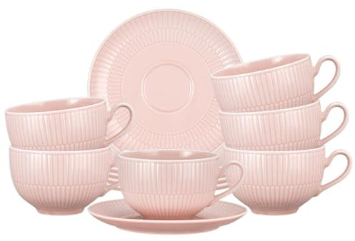 Seltmann Weiden Amina Rosé Milchkaffeetassen mit Untertassen 6er Set, 350 ml, Cappuccino-Set für 6 Personen mit dezentem Relief-Muster, Spülmaschinen- und Mikrowellenfest, Porzellan, Rosa