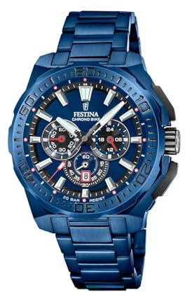 Festina Reloj Hombre Analógico de Acero Inoxidable 316l Azul - Movimiento de Cuarzo - Cronógrafo - Calendario - Cristal Mineral de Alta Resistencia - Resistente al Agua 20 ATM F20729/1 Chrono Bike