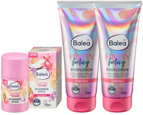 Balea 3er-Set Hautpflege: Schimmer Stick Summer Island feste Körperpflege mit Kokosöl, strahlender Glow, goldener Bronzing-Effekt, 25 g + Bodylotion Fruity Fantasy extra fruchtig, 2 x 200 ml (400 ml)