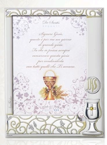 Marco portafotos 1ª Comunión 9 x 13 cm de altura útil foto con placa de plata 925 % decoración cáliz y uvas detalles oro con caja regalo y certificado de calidad del fabricante Made in Italy 788/09L