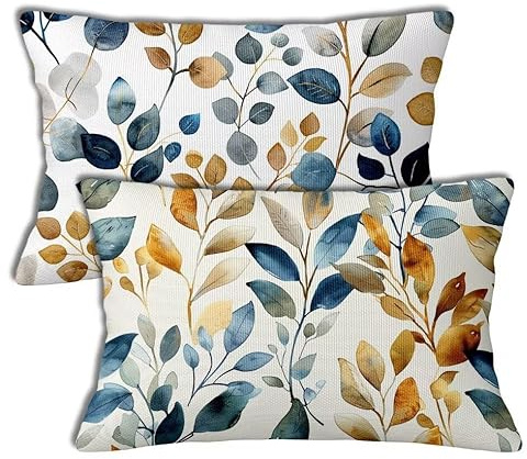 Outdoor Kissen Farbe Kissenbezugen 50x60 cm 2 Stück Dekorative Outdoorkissen Blatt Wasserfest Atmungsaktiv Leinen Rechteckig Sofakisse Kissenbezugen Frühling Sommer Garten Stuhl Balkon Deko h-354