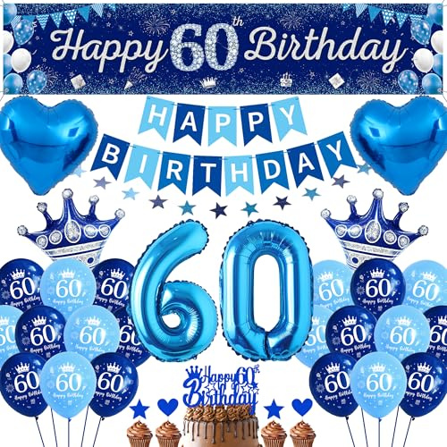 60th Birthday Decorations for Men Women - Navy Blue Party Decoration Supplies Star Garland, Happy 60th Birthday Yard Banners and Heart Crown Number 60 Foil Balloons Cake Toppers