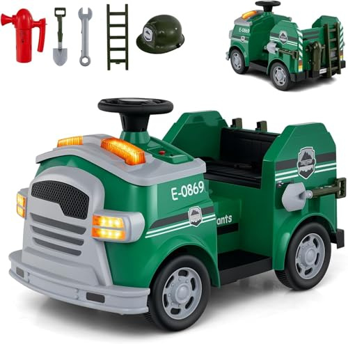 COSTWAY 12V Feuerwehr Rutschauto, Kinder Feuerwehrauto mit Hupe, Schaufel, Feuerlöscher, Schutzhelm & Schraubenschlüssel, Rutschfahrzeug mit Musik & Alarm, Spielzeugauto für Kinder ab 3 Jahren (Grün)