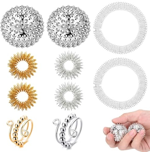 RAXLUPO Lot de 10 anneaux anti-stress réglables avec 4 anneaux d'acupression 2 Bracelets de Massage 2 balles de massage hérisson anneaux anti-stress 2 anneaux antistress,soulagement du stress, anxiété