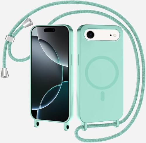 SLWYF Magnetische Handykette für iPhone 17 Air Hülle mit Band, Handyhülle Kompatibel mit MagSafe, Silikon Seil Necklace Handyhülle PU Stoßfest mit Abnehmbar Kordel zum Umhängen Case - Minzgrün
