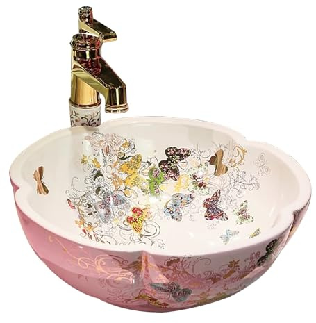 Vasque à Poser Salle de Bain en Forme de Fleur avec Motif Papillon Coloré, Lavabo sur Plan avec Robinet, Lavabo Artistique Rose et Blanc