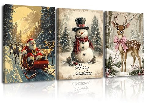 Piy Painting Winter Leinwand Bilder Vintage, leinwandbild weihnachten, Bilder Wohnzimmer Modern, Wandbilder Für Geschenke Wanddekoration Schlafzimmer 3x 30x40 cm (90x30 cm)