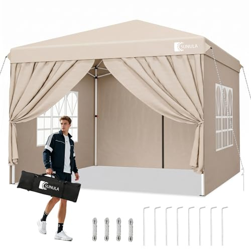Sunula Pavillon 3x3 Wasserdicht Stabil Winterfest mit 4 Seitenwänden, Faltpavillon 3x3m mit Verdickten Röhren, Partyzelt Gartenpavillon Faltzelt, (Khaki, 3x3 Mit Seitenwänden)