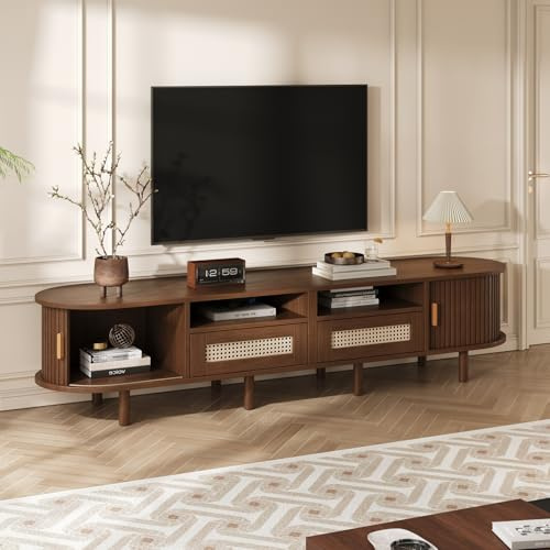 PUGSDRLY Meuble TV elliptique 170 x 40 x 40 cm, Meuble Bas et Support TV avec 2 tiroirs en rotin et 2 Portes coulissantes (Dark Oak)