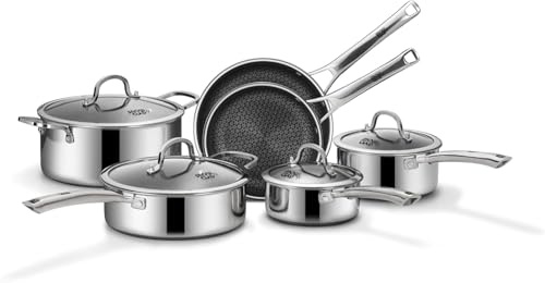 Topfset Edelstahl 10-teilig, Induktions Töpfe Set mit Antihaft, 20&24cm Bratpfanne, 1,5&2,5L Stielkasserolle, 5,8L Kochtopf, 2,8L Sautepfanne, Topfset für Alle Herdarten, Ofen & Spülmaschinengeeignet