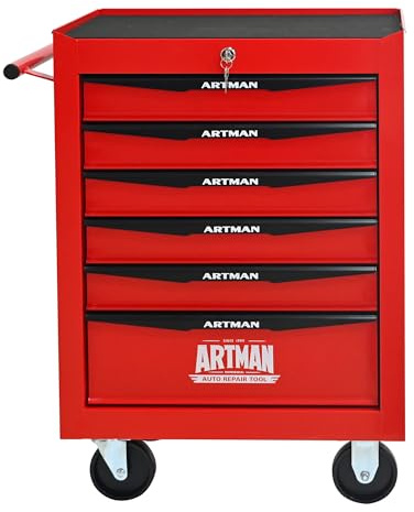 Generisch 6-Schubladen Werkzeugwagen mit Kugellager-Schienen, 4 Lenkrollen & Schlüsselsperrung – Robuster Stahl-Werkzeugschrank (Rot/Schwarz, 77,7cm)