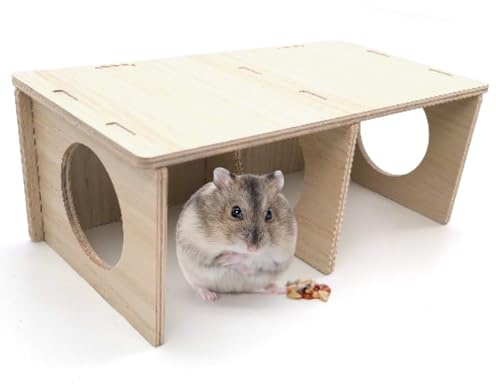 Hamster Hide 3 Chamber Hamster Platform Natural Wood Small Animal Shelter for Hamsters Rats Guinea Pig Hides Durable Hamster Toys Hamster Cage Accessories Hamster House and Exploration Tunnel