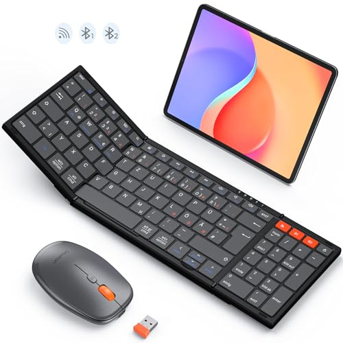 MEETION Faltbare Bluetooth-Tastatur mit Maus, QWERTZ, Kabellos | Wiederaufladbares Set mit Bluetooth und 2,4 GHz, deutsches QWERTZ-Layout, kompatibel mit Windows, Mac, iOS, Android und iPad