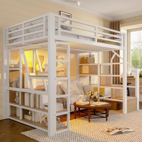 YCYDHDM Hochbett Metallbett 140x200 cm mit Treppe und Stauraum, Etagenbett mit Ablagefach und Lichtleiste, Sicherheitszaun-Design, Bett für Kinder und Jugendliche, Weiß