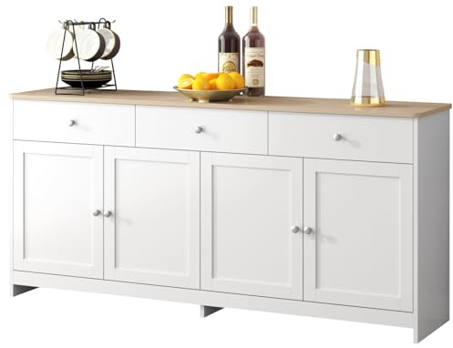 Armadio da cucina, credenza con 3 cassetti, 4 ante, armadio da cucina con piano di lavoro, armadio buffet per soggiorno, camera da letto, corridoio, 160 x 37 x 75 cm (bianco - 3 cassetti A)