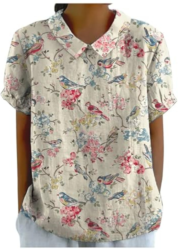 Generisch Camisa de Lino de Verano para Mujer, Blusa de Lino de Algodón, Cuello en V, Blusa, Túnica, Manga Larga, Oversize, Suelto, Estilo Boho A40, beige, L