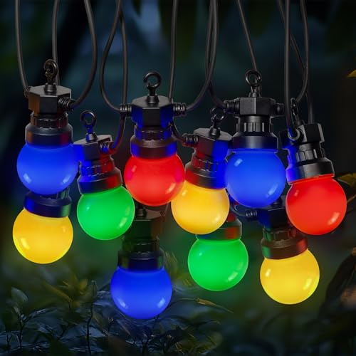 SKYLANTERN® Partylichterkette 50m Außen bunt – 50 E27 Glühbirnen (blau, rot, gelb, grün) – IP44 wetterfest – Romantische LED Lichterkette für Garten & Terrasse