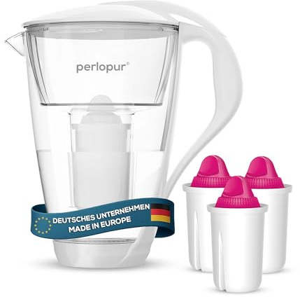 perlopur® Glas-Wasserfilter (weiß) +3 Filterkartuschen Aquamag | Borosilikatglas, 2 l gesamt, 1 l gefiltert, LED-Anzeige, für classic Kartuschen, Magnesium-Zugabe, ideal für Kaltgetränke