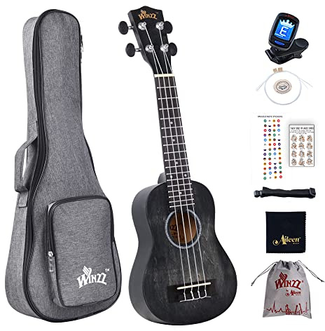 Winzz 21 Sopran Ukulele Anfänger Set Kinderm Erwachsene, Einzigartiges Farbdesign, mit Tasche, Stimmgerät, Zusätzlichen Saiten, Gurt, Noten-Aufkleber, Poliertuch-Schwarz