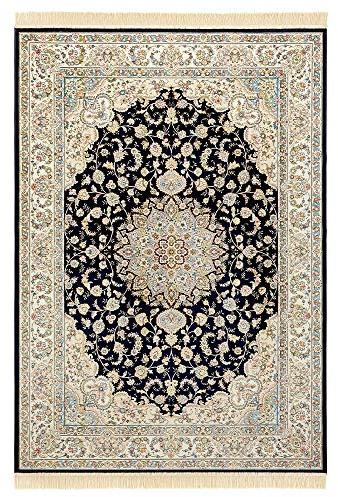Nouristan Naveh Orient Teppich – Wohnzimmerteppich Orientalisch Kurzflor mit Fransen Vintage Orientalischer Samt-Teppich für Esszimmer, Wohnzimmer, Schlafzimmer – Dunkelblau Creme, 95x140cm
