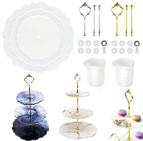 Woohome Silicone Moule pour Bijoux, 3 Niveaux Coaster Moule Resine Moules en Résine pour Tour à Dessert avec Support pour Cupcakes Fruits Dessert ou Thé, Rond
