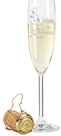 GRAVURZEILE Leonardo Sektglaser - Floral Design - personalisiert mit Wunschgravur Namen & Datum - als Geschenk zur Hochzeit, Verlobung oder zum Jahrestag - das perfekte Hochzeitsgeschenk