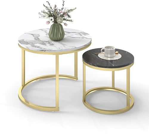 hitsuki Couchtisch Rund 2er Set, Marmor Couchtisch Gold Metallgestell Wohnzimmertisch Weiß und Schwarz, Satztische fürs Wohnzimmer, Schlafzimmer, Balkon (Weiß + Schwarz & Gold)