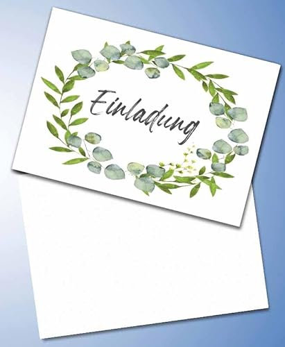 0001 10 Einladungskarten & 10 Umschläge SET''Eukalyptus'', Geburtstag, Hochzeit, Taufe, Konfirmation, Kommunion, Einladung, Fest, Erwachsene, Format DIN A6 (Postkarte 148 x 105 mm), 0049