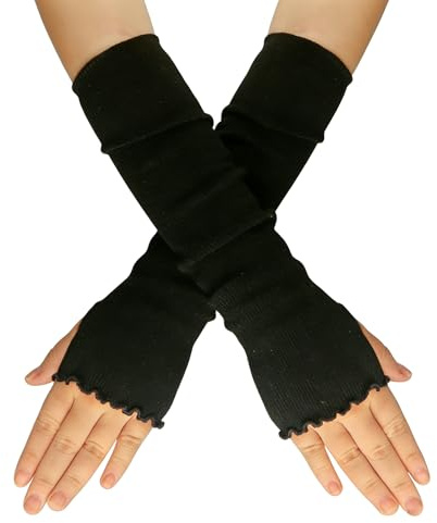 QUUPY 1 Pair Black Lotus Leaf Edge Stretch Fingerless Gloves Over Elbow Thumbhole Arm Warmer Sleeve for Women Girls 15.75