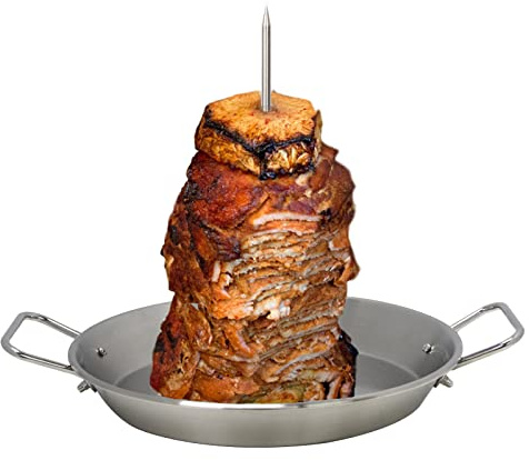DOLAMOTY BBQ Vertical Skewer Pan Gyro Spit Shawarma Stand for oven, Al Pastor Skewer for Grill, El Pastor Hack for Tacos Al Pastor Chicken, Brazilian, Stainless Steel, with 8,10 stick