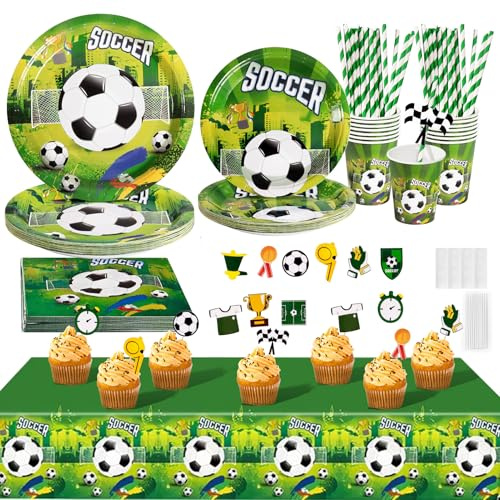 PYAILI Football Vaisselle, Fête Anniversaire Kit, Foot Theme Papier Assiette, Enfant Garçons Football Articles Fête Deco Party Fournitures, 20 Invités | Vaisselle jetable de football pour 20 invités, parfaite pour les anniversaires d'enfants et les fêtes sur le thème du sport