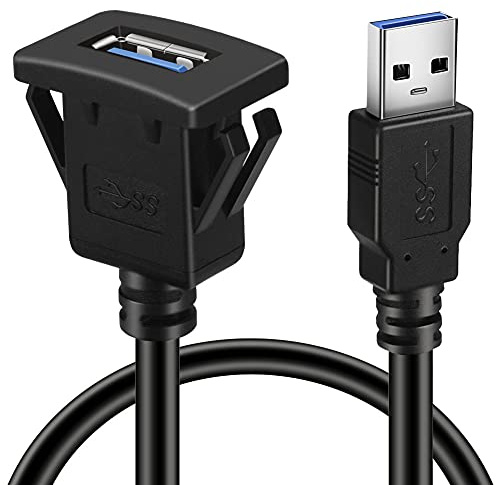 BATIGE Square Single Port USB 3.0 Panel Flush Mount Extension Cable with Buckle for Car Truck Boat Motorcycle Dashboard 1ft
