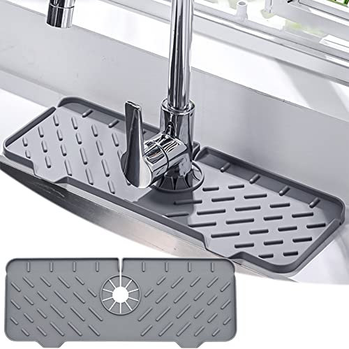 Kukifun Silikon Wasserhahn Griff Tropfenfänger Tray, 40cmx15cm Waschbecken Wasserhahn Splash Guard Draining Protector Matte für Küche Bad, grau, A Style