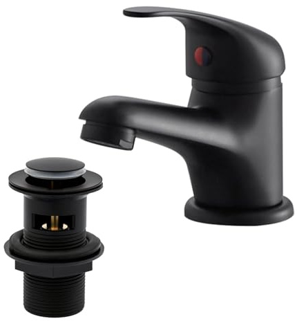 Matte Black Basin Mixer Tap with Pop Up Waste, BATHWEST Tradition Black Monobloc Brass Bathroom Sink Taps with Sink Plug, Single Handle Basin Taps Mixer with Basin Waste 022NBK