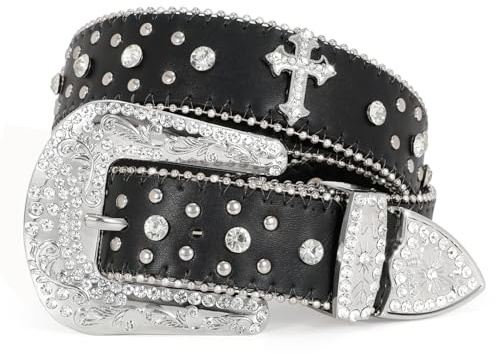 WERFORU Strass nitbälte för kvinnor män västerländsk läderbälte för cowgirl cowboy vintage bling bälte för byxor klänning, B-svart (kors), Anzug für Taillenumfang 68-84cm
