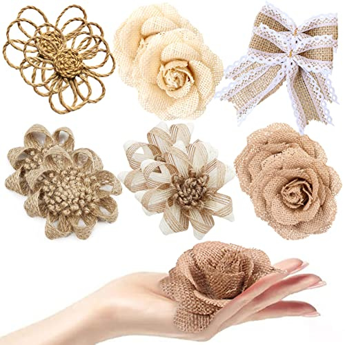 Sackleinen Blumen Set, 12PCS Handgefertigte Jute Spitze Rose für DIY Basteln, Hochzeit Dekorationen