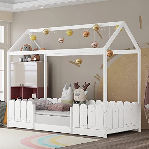 MYBOO Hausbett 90x200 cm - vielseitiges Holz Kinderbett für Jungen & Mädchen - Mit Rausfallschutz und Lattenrost – Weiß (Ohne Matratze)