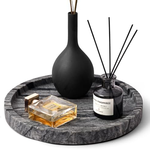 WORHE Vassoio in marmo naturale per bagno, camera da letto, cucina, cassettiera, vassoi decorativi rotondi per gioielli, profumi, cosmetici, candele, organizer per la decorazione della casa, grigio