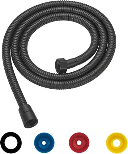NOLACE Flexible de Douche Universel 1.5M Flexible de Douche Noir Tuyau de Douche en Acier Inoxydable G1/2 Raccord Fileté Universel Flexible Douchette avec 4 Limiteur De Débit d'Eau