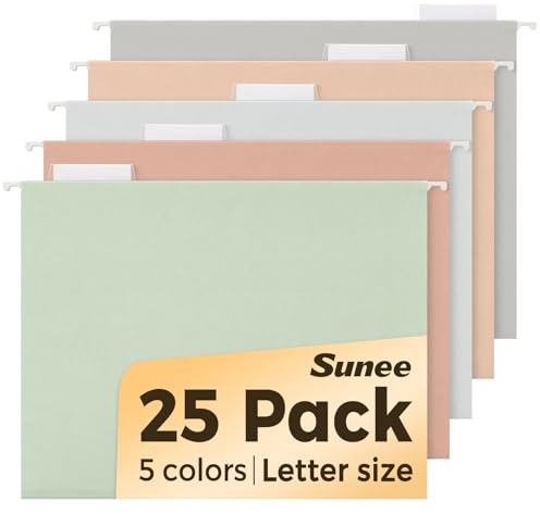 SUNEE 25 Count Hanging File Folders, Pastel Colors, Hanging File Folders Letter Size, Hanging Folders with 1/5-cut Tabs, Designed for Bulky Files, Filing Cabinets, Medical Charts
