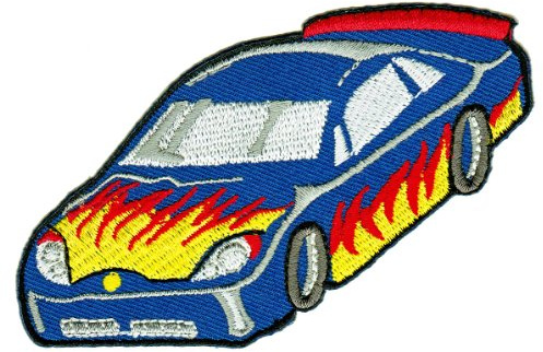 Rennauto Blau Aufnäher zum aufbügeln oder aufnähen Bügelbild Aufbügler für Kleidung gestickter Bügelflicken Applikation Sportwagen Auto Rennwagen Flammen Patch Größe 10 x 5,5 cm