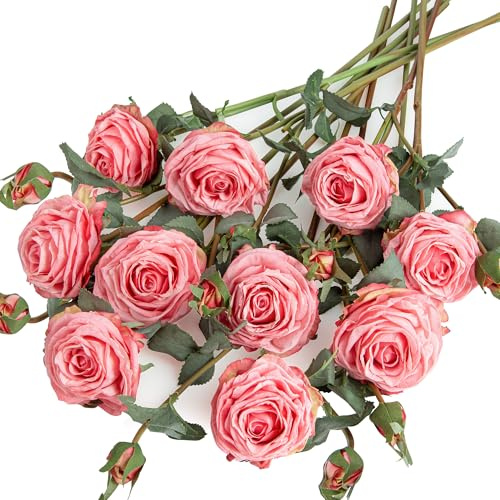 XONOR Artificial Rose Flowers Realistic Silk Burnt Edge Vintage Rose with Long Stem for Home Bridal Wedding Party Floral Bouquets Decoration (10Pcs, Pink)