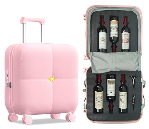 SERABETTO Wine Suitcase, 6 Bottle Luggage, Durable Travel Case with TSA Lock, Versatile Carrier with Removable Inserts and Silent Spinner Wheels (Pink)